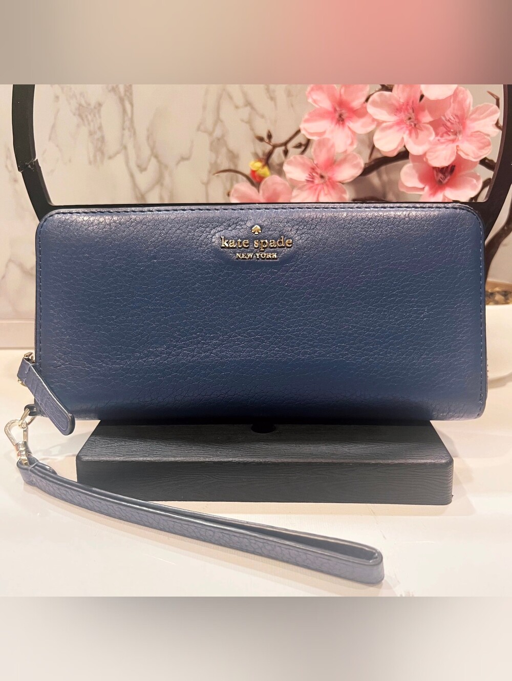 kate spade Blue Pebbled Leather Wristlet with Gold Logo